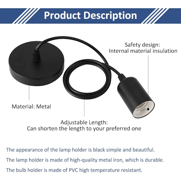 2-pack Metall E27 Hänglampor (Svart), 100 cm Justerbar Kabel,