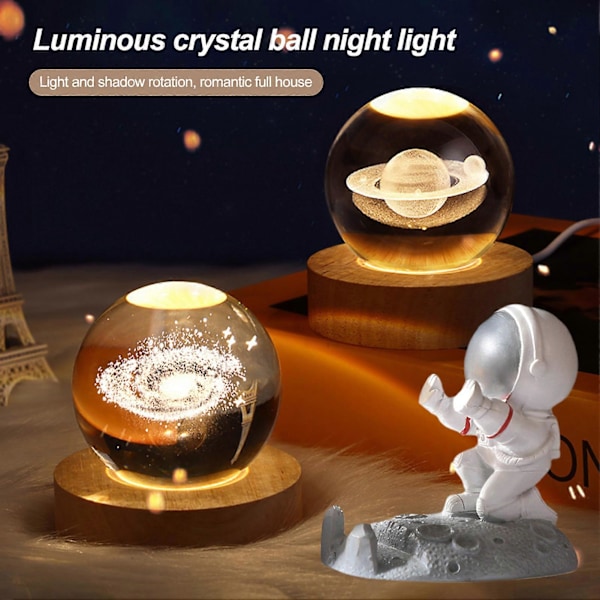 Stellar Sphere Lampe med Faux Krystal og LED Base, Klar Kugle med 3D Udskæring, Natlampe til Hjemmeindretning F