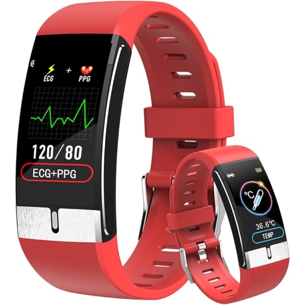 EKG smart watch (röd), IP68 vattentät fitness , med tem