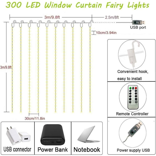 300 LED Gardinlys, USB Vinduslys, 3m x 3m 8 Moduser Fjernkontroll