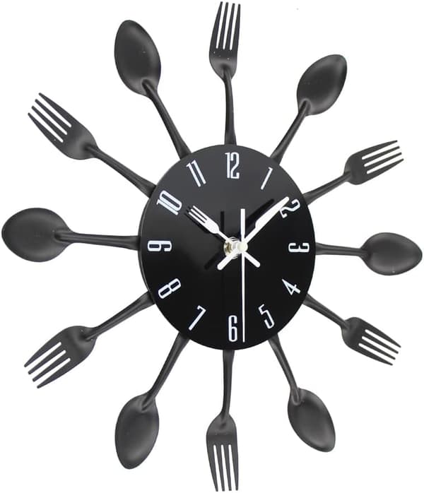##/Spejl Effekt Køkkenur med Ske og Gaffel - 32*32*4CM Sort##/