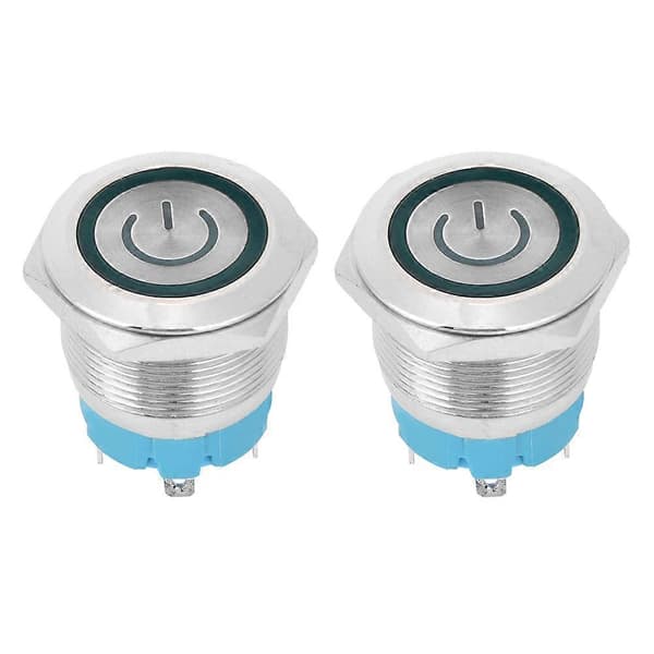 2 stk. 22 mm metall trykknappbryter flatt hode momentan 4-pinners med strømlys IP65 12-24VDC Grønn