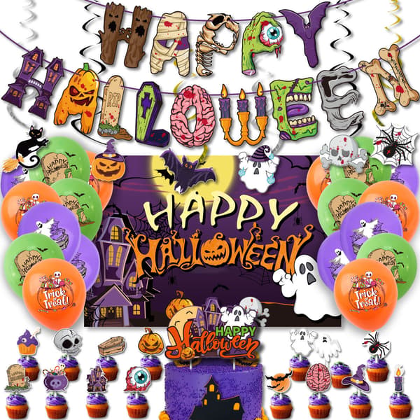 44 stk Halloween-ballongdekorasjoner, grønn lilla oransje