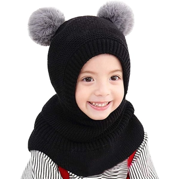 Sød tørklæde med indbygget hat til drenge og piger - sort, vintervarm S