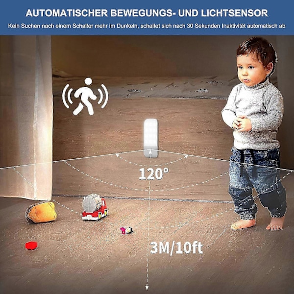 Smarta 12-LED Skåplampor med Rörelsesensor, Kallvitt, USB-Uppladdningsbar, 2-Pack