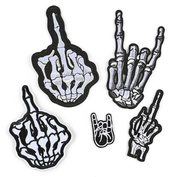 /#/5PCS Skull Midterste Finger Skelet Spøgelse Broderet Patch Strygejern på Sy på Patch Punk Rock Oprør Ubøjelig/#/