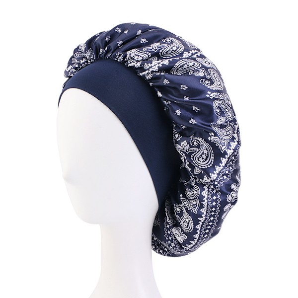 ##/Elastisk rund natthatt med vintage blommönster (marinblå) a##/