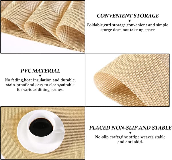 Sett med 6 Vaskbare PVC Plast Underlag - Vinylbrikker Slitasje og