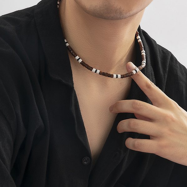Boho chic blød terracotta patchwork træperle halskæde til mænd