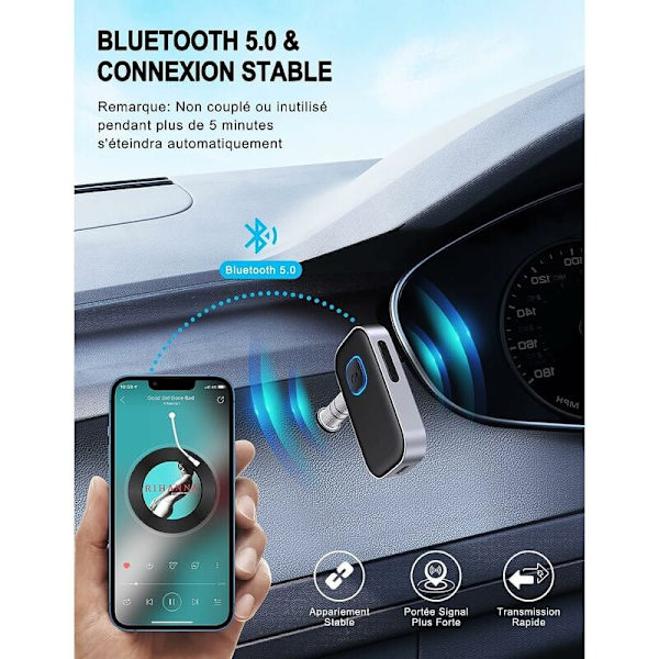 Bluetooth 5.0 Bilmodtager, Bluetooth Adapter til Bil med 3,5 mm AUX-stik