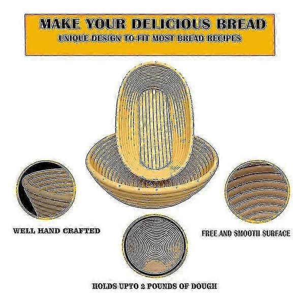 Brødhævekurv Sæt Af 2 Med Starter Kit - Rund Og Oval Brødbage Skål Værktøjer - Brødkniv