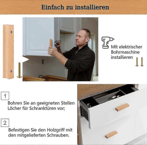6 stk. Træmøbelhåndtag, hulfstand 96 mm, træhåndtag med skruer, træskuffehåndtag til garderobe, kommode, skuffe