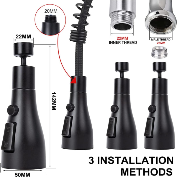 1 stk (Sort) Sort Køkkenarmatur Sprøjte, 3 Tilstande Køkkenarmatur