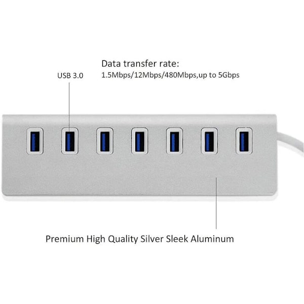 Aluminium USB 3.0 Hub, 7 Super Speed USB 3.0 Dataporte, Kompatibel