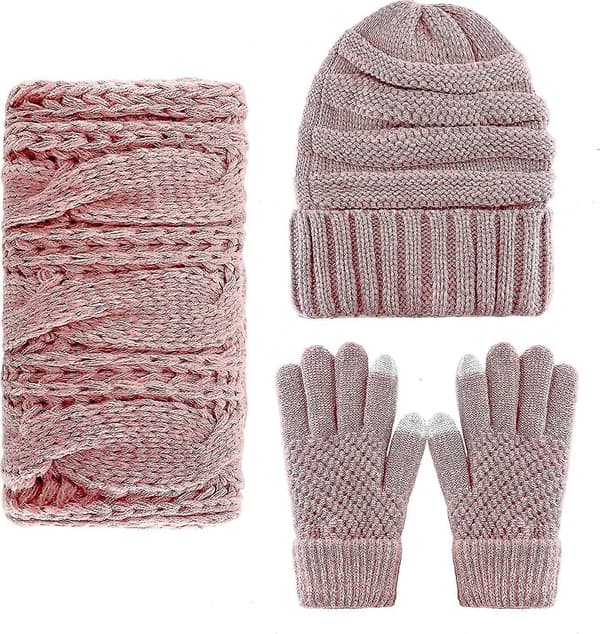 Unisex Hue Halstørklæder Handsker Sæt Strik Slouch Beanie Hue Halsvarmer Touchscreen Pink