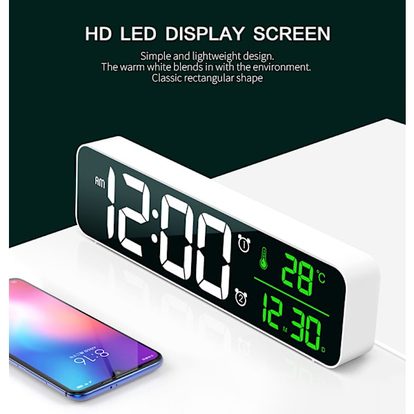 Digitaalinen herätyskello lämpötilanäytöllä (musta peili), LED d