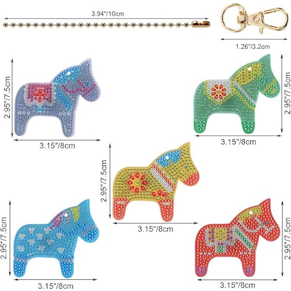 5 Stykker 5D DIY Diamantmaleri Nøkkelringer med Hestmønster, Rh