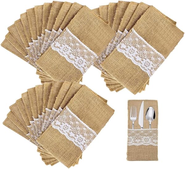 24 stykker burlap bestikksett, 11 x 21 cm burlap bestikk til bordet