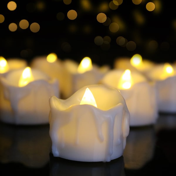 12 LED-lys (varmt lys), flammefrie te-lys
