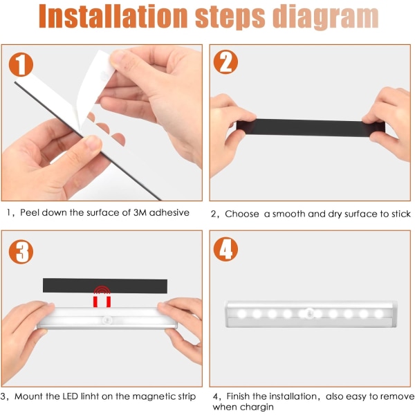 4 stk LED-skaplys med bevegelsessensor og magnetisk stripe, 10 LED