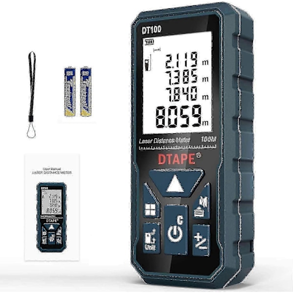 Laser Avstandsmåler 100m, dt100 Bærbar Håndholdt Digital Laser Måleverktøy Avstandsmåler Større Bakgrunnsbelyst LCD 4 Linjers Display Ip54 Støtsikker Batteri Inkl.