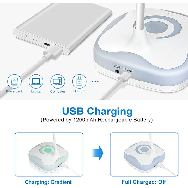 Työpöytälamppu, USB-ladattava joustava kaulan, silmien suojaus, 3 kirkkautta