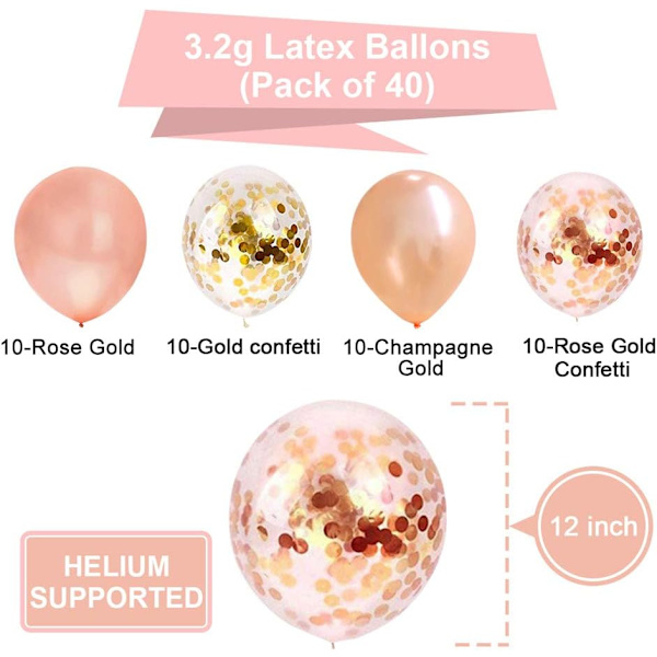 Roséguld Konfettiballonger, 40 st 12 tum Latex Partyballonger för