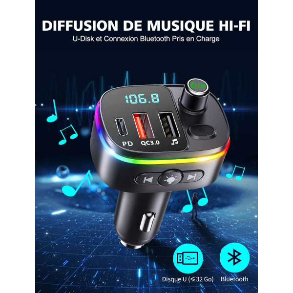 Bluetooth 5.0 FM-sändare, QC3.0 & PD 18W USB C Bluetooth-bil