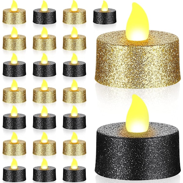 ##/24 stk. Guld Glitter LED Teelys Sort Flammeløs Teelys##/