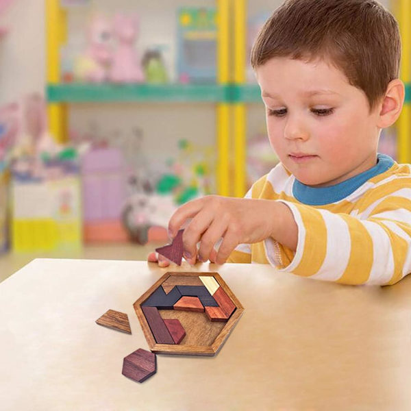 Hexagon Tangram Pussel Träpussel för Barn & Vuxna Cha