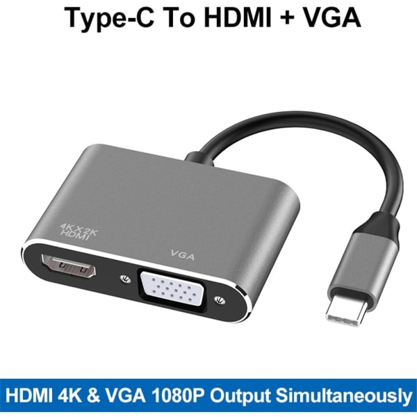 USB C - HDMI VGA -sovitin, 2 in 1 Type C - HDMI 4K, VGA 1080P C