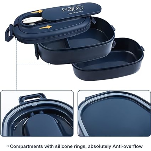 2-lags matboks: 1550 ml Bentoboks med 3 rom og bestikk