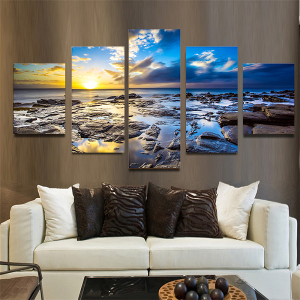 ##/5-delad väggkonstmålning - Soluppgångsstrand, Dekor av non-woven canvas##/