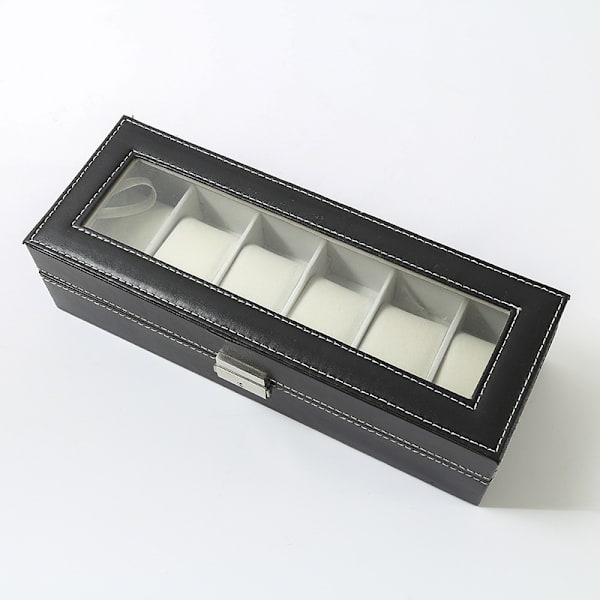 ##/Urklocka med 6 fack, klockfodral, displayfodral, glaslock, sammetsdynor, lås, 11 x 30 x 8 cm, svart beläggning och grå foder##/