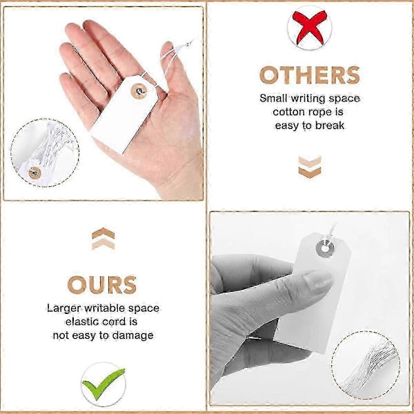 100-pakning blanke etiketter med elastisk snor, merkehengelapper festet, forsterket hull, skrivbare blanke etiketter 7 x 3,5 cm