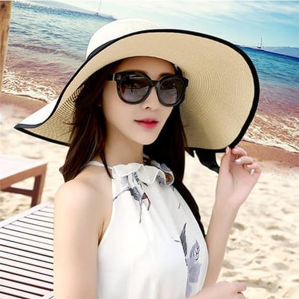 Svart med Navy Trim-Women Sunbonnet halmhatt Bred brättad hatt Sun