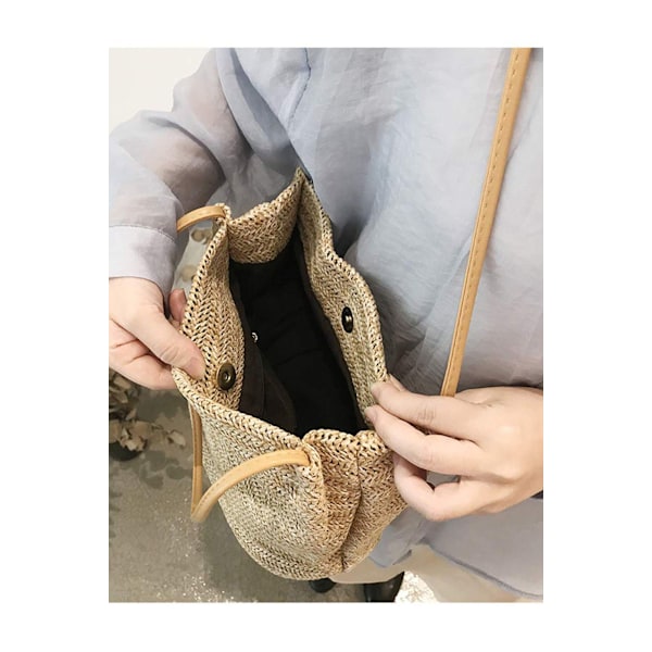 ##/Stort stråvevd håndveske i khaki for kvinner - Strandveske, skulderveske, tote##/