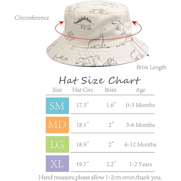Vit Dinosaur-48cm Bredbrättad Solhatt Baby Barn Sommar Beanie f