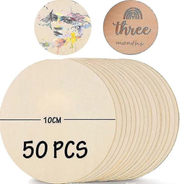 50 st Träskivor för pyssel, 10 cm diameter träskivor med 2 mm tjocklek, rund träplatta för DIY, pyrographi, lasergravyr, snideri