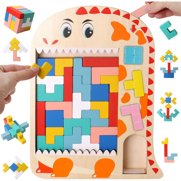 Träpussel Tetris för Barn (Dinosaurie), 3D Pussel Montessori Leksaker