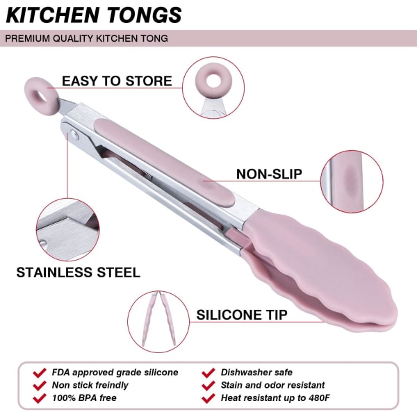 Silikon Serveringstænger 21cm Sæt af 3 - Pink Steak Tænger Grill Til