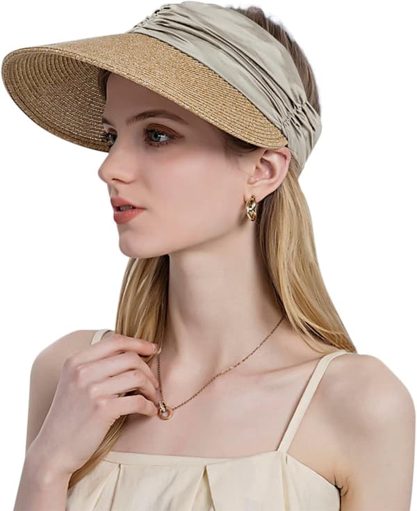 Beige stråhat til kvinder UV-maske UPF50+ Toppløs stråhat Sommer