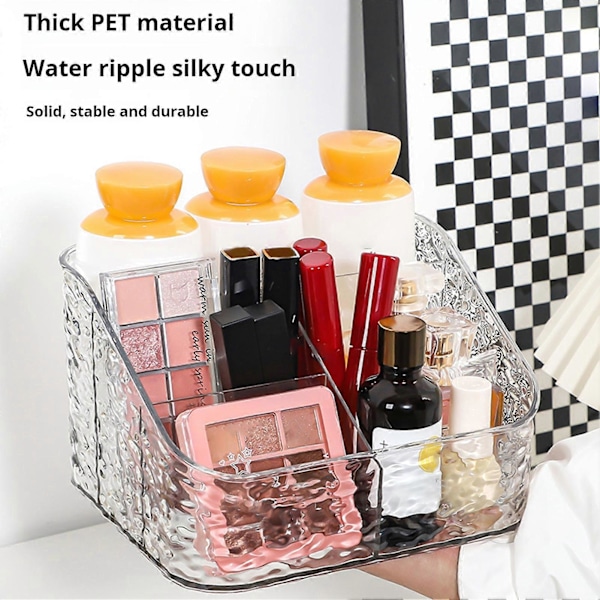 Klar Makeup Opbevaringsboks Kosmetik Organizer med Vandbølge Tekstur Åbent Design Nem Adgang Opdelt Opbevaringsboks til Hjemmekontor Soveværelse Kollegium 3Grids