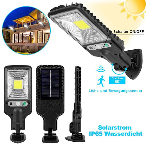 1 stk., LED utendørs vegglampe solcelle, 3 moduser, bevegelsessensor, for utendørs bruk
