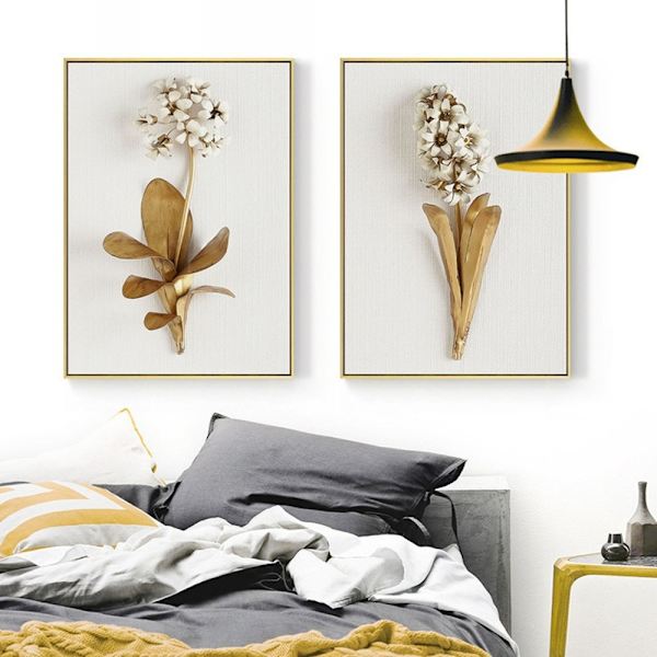 ##/Vardagsrumsdekoration - målning - 30*40*3 - Gyllene blommiga blad,##/