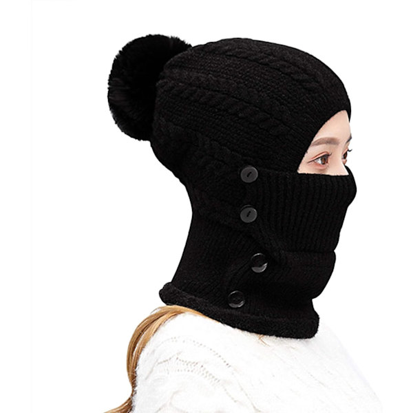 Varm Fleece Hætte Hat - Sort Halsedisse Strikket Hat Tyk Hat