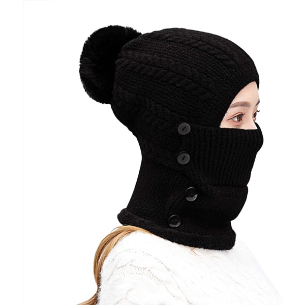 Varm Fleece-hettehatt - Svart Halsvarmer Strikket Hatt Tykk Hatt