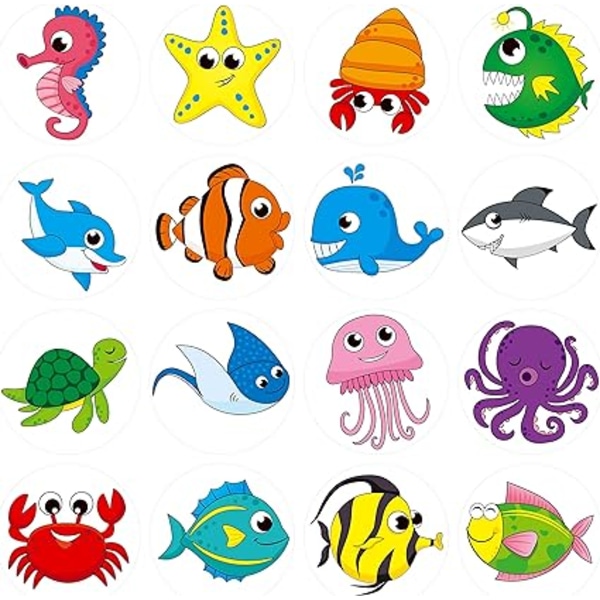 2 runda landdjursklistermärken (500:-/rulle), 16 barnfestdesigner m