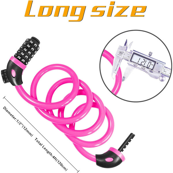 Cykel Lås (Pink), Lang Cykel Lås 120cm x 12mm, Tyverisikker Kabel f