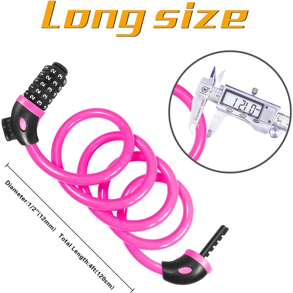 Cykellås (Rosa), Långt Cykellås 120cm x 12mm, Stöldskyddande Kabel